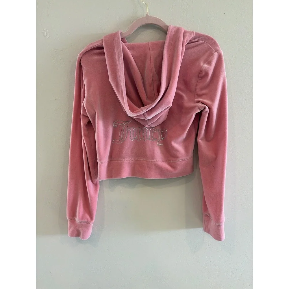Juicy Couture Pink Velour Tracksuit Set Rhinestone Logo Hoodie Pants Womens M